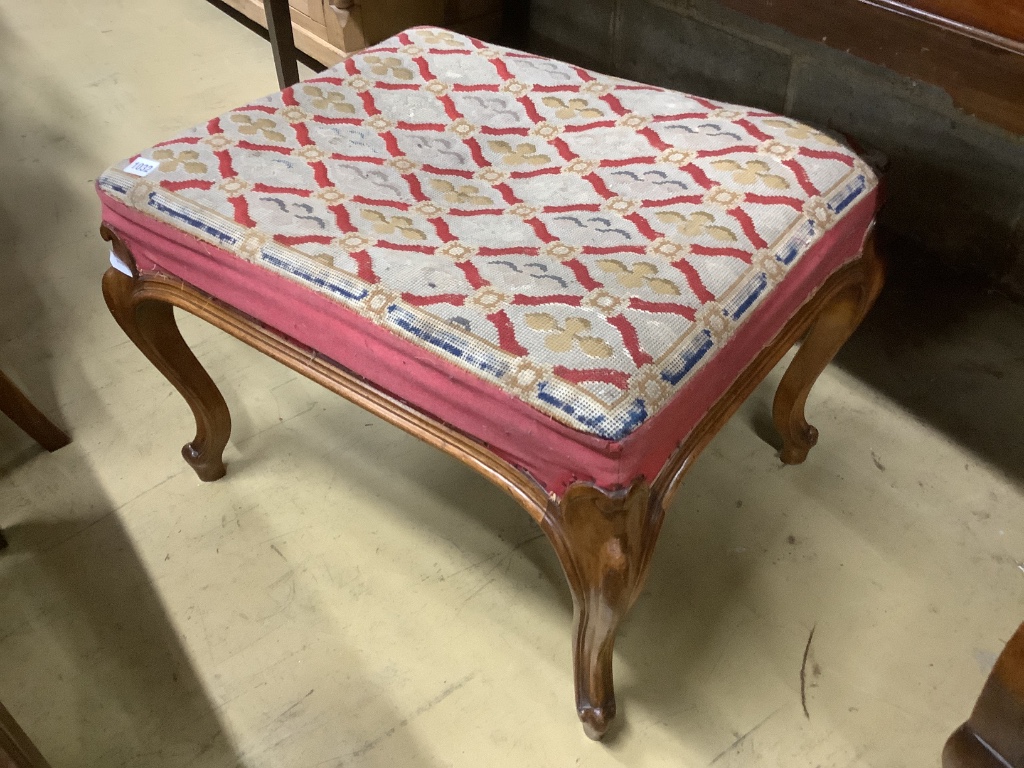 A Victorian mahogany dressing stool with needlework top, on cabriole legs, width 66cm